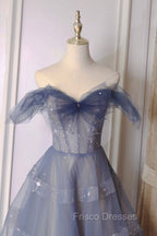Blue Tulle Long A-Line Formal Prom Dress