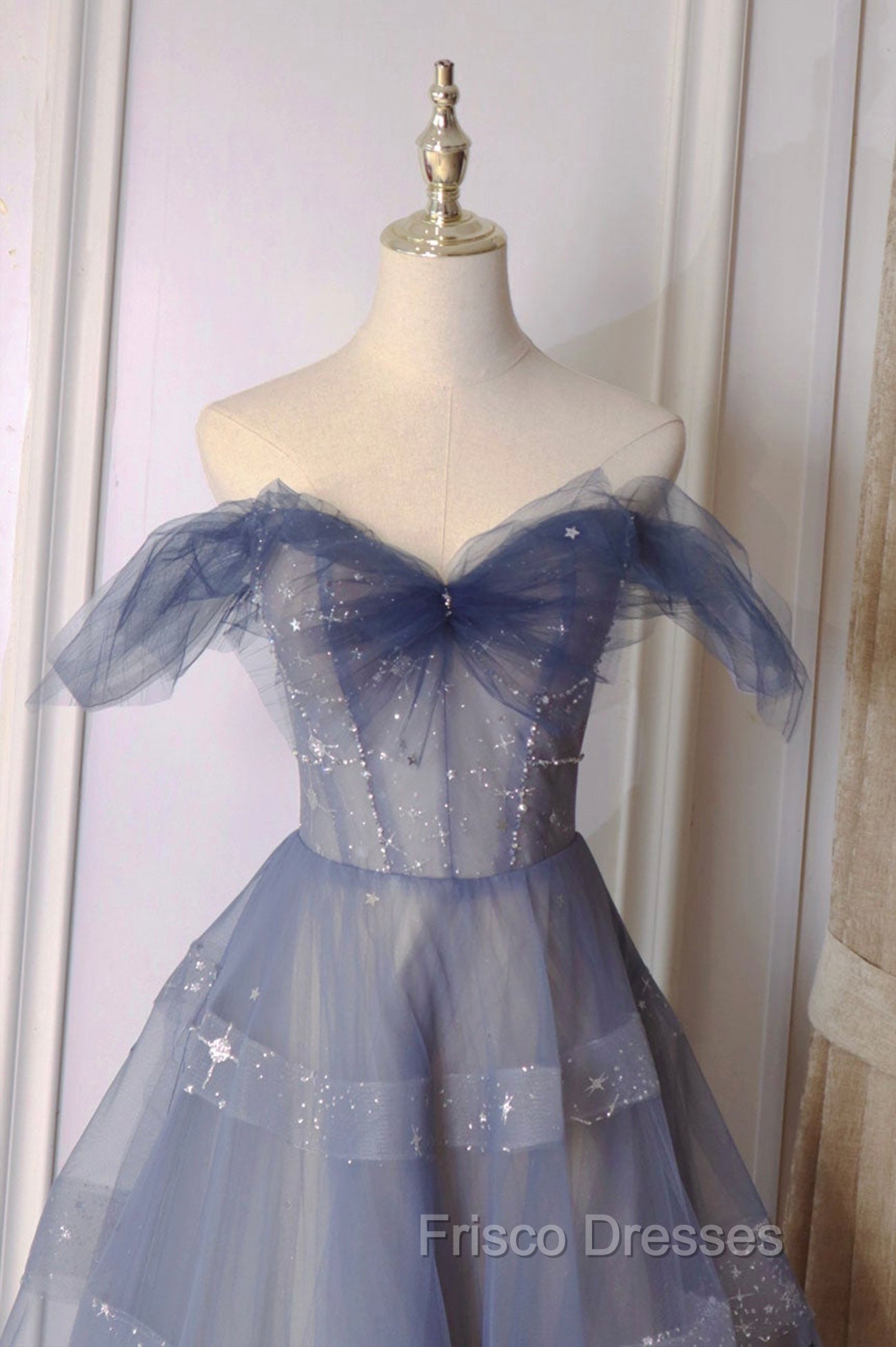 Blue Tulle Long A-Line Formal Prom Dress