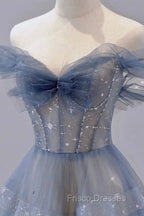 Blue Tulle Long A-Line Formal Prom Dress