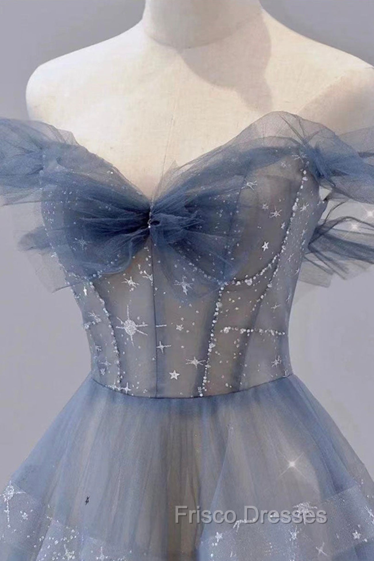 Blue Tulle Long A-Line Formal Prom Dress