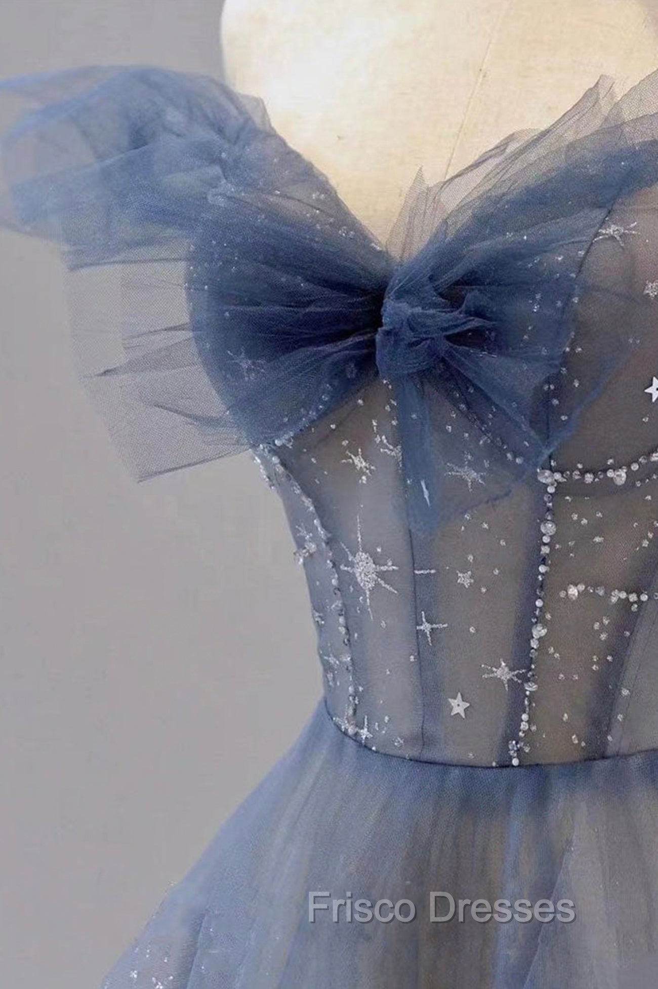 Blue Tulle Long A-Line Formal Prom Dress