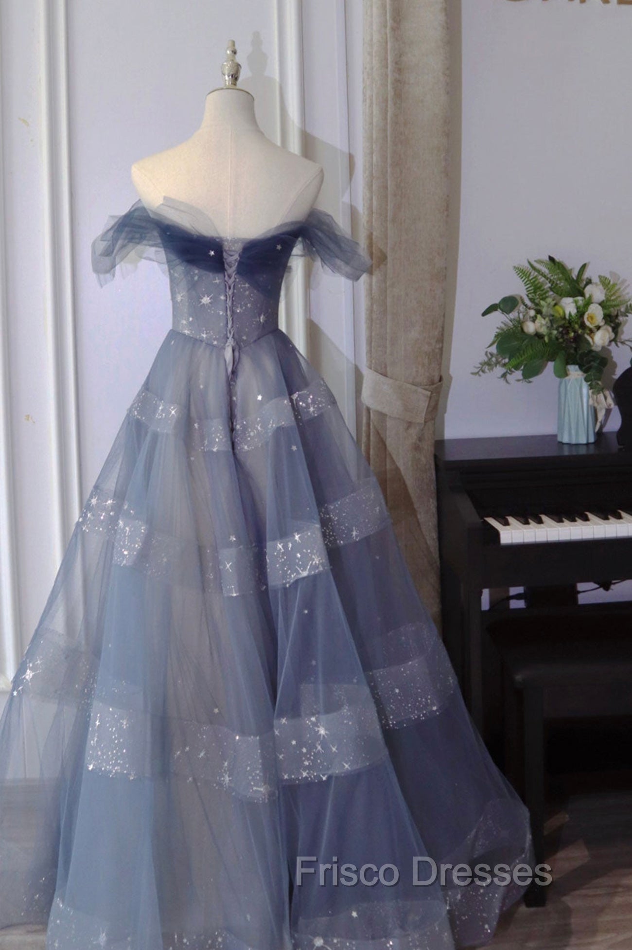 Blue Tulle Long A-Line Formal Prom Dress