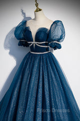 Blue Tulle Long A-Line Formal Prom Dress, A-Line Short Sleeve Evening Dress