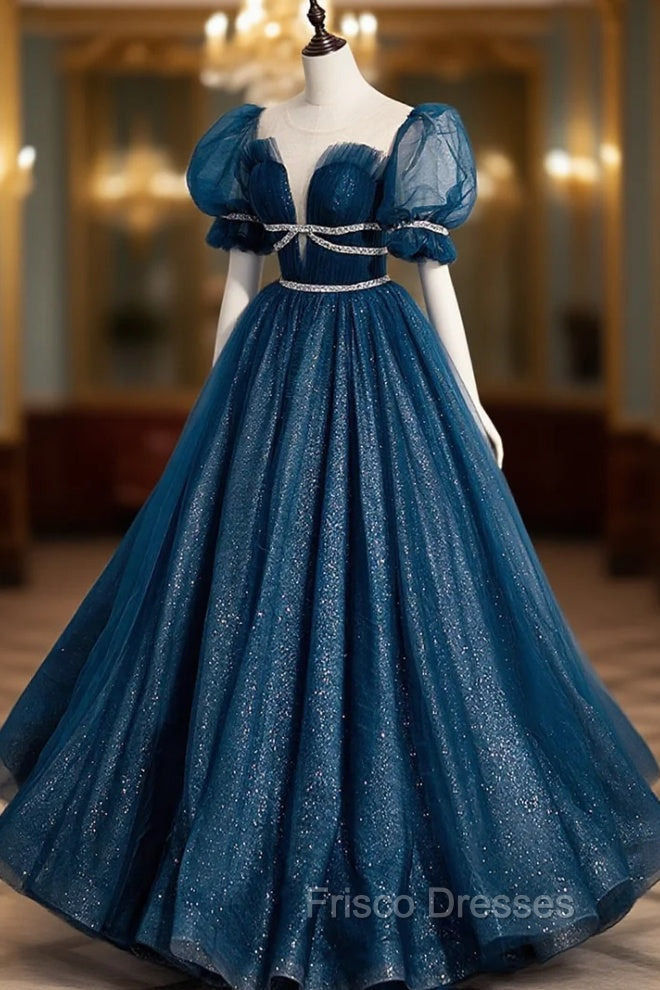 Blue Tulle Long A-Line Formal Prom Dress, A-Line Short Sleeve Evening Dress