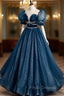 Blue Tulle Long A-Line Formal Prom Dress, A-Line Short Sleeve Evening Dress