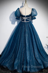 Blue Tulle Long A-Line Formal Prom Dress, A-Line Short Sleeve Evening Dress