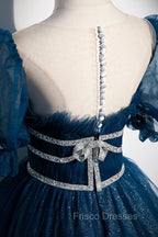 Blue Tulle Long A-Line Formal Prom Dress, A-Line Short Sleeve Evening Dress