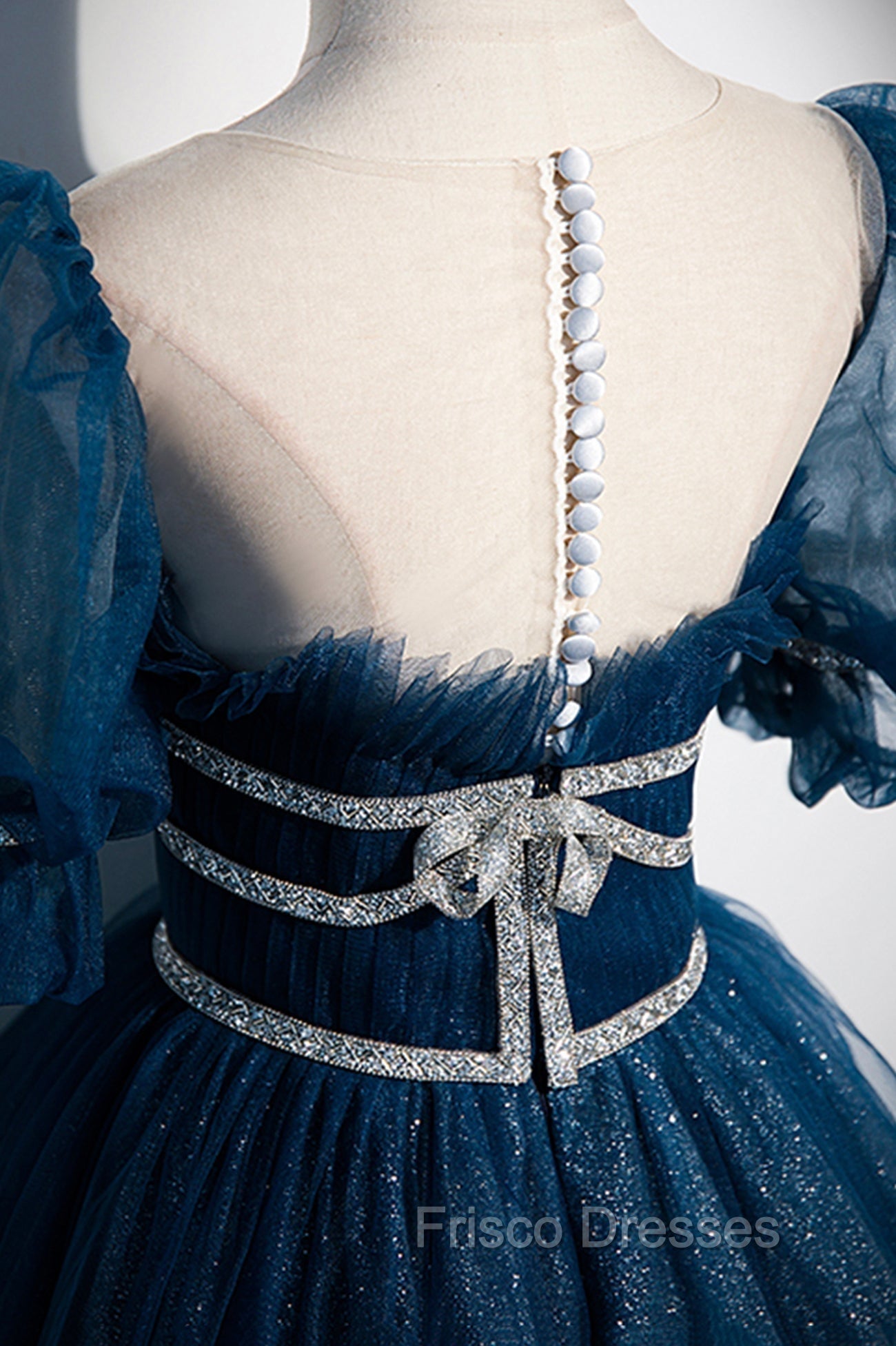 Blue Tulle Long A-Line Formal Prom Dress, A-Line Short Sleeve Evening Dress