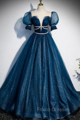 Blue Tulle Long A-Line Formal Prom Dress, A-Line Short Sleeve Evening Dress