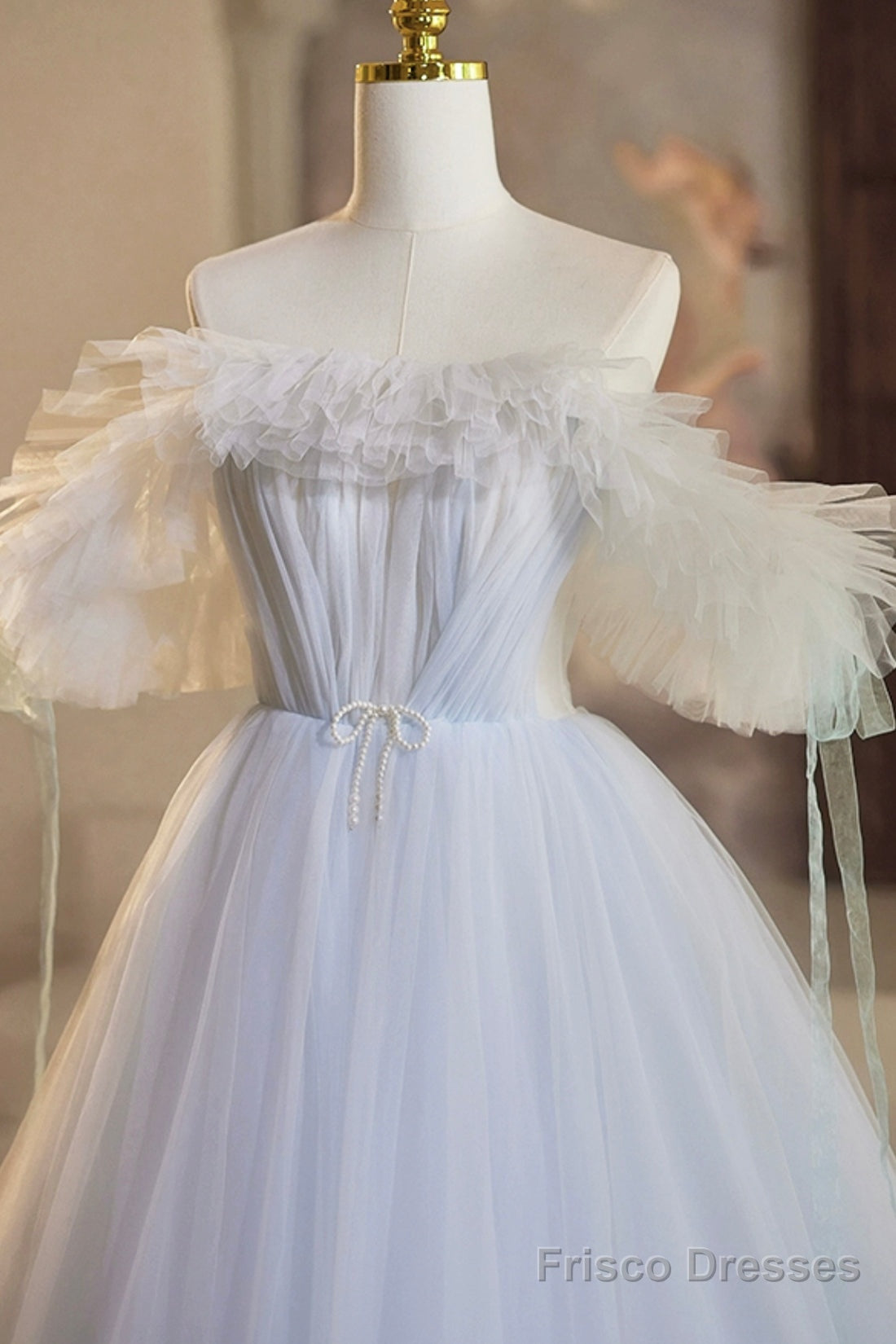 Blue Tulle Long A-Line Prom Dress, Beautiful Off The Shoulder Evening Party Dress Secondary image