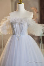 Blue Tulle Long A-Line Prom Dress, Beautiful Off The Shoulder Evening Party Dress