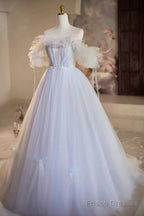 Blue Tulle Long A-Line Prom Dress, Beautiful Off The Shoulder Evening Party Dress