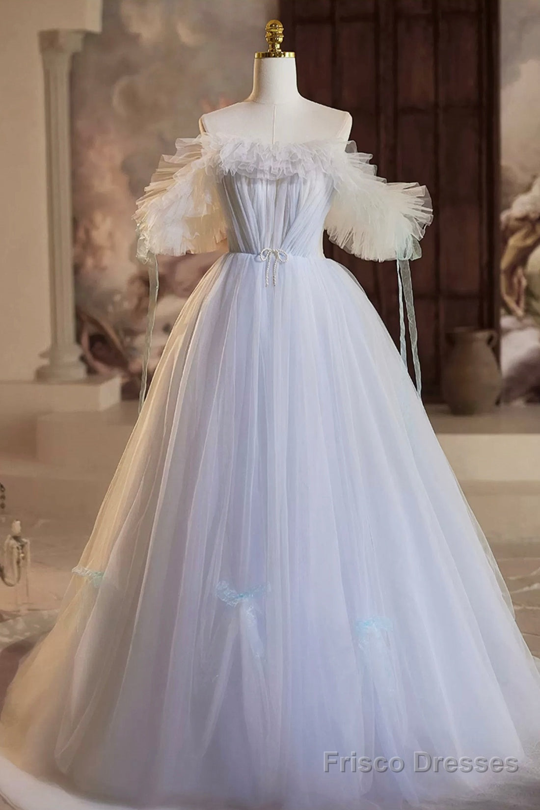 Blue Tulle Long A-Line Prom Dress, Beautiful Off The Shoulder Evening Party Dress Main image