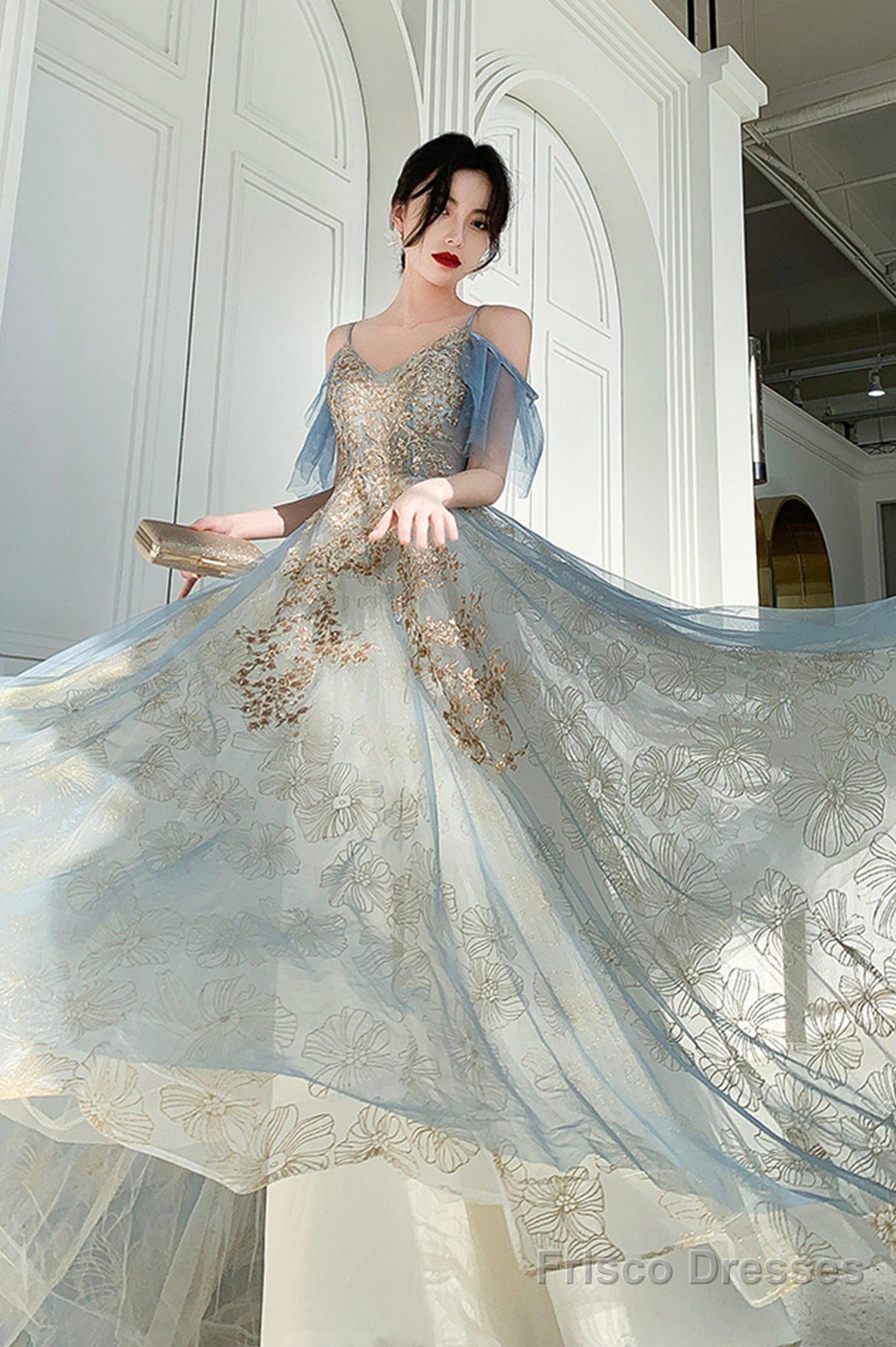 Blue Tulle Long A-Line Prom Dress, Beautiful Sequins Evening Graduation Dress Secondary image