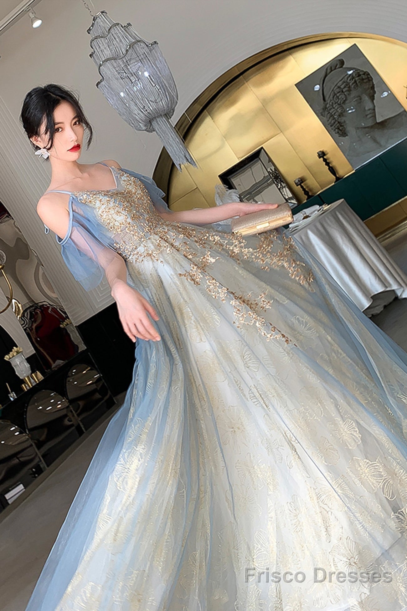 Blue Tulle Long A-Line Prom Dress, Beautiful Sequins Evening Graduation Dress Main image