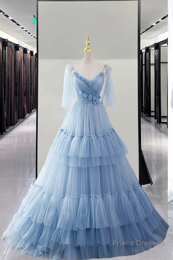 Blue Tulle Long A Line Prom Dress Blue Evening Dress Secondary image