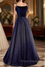 Blue Tulle Long A-Line Formal Prom Dress, Blue Spaghetti Strap Evening Party Dress