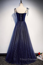 Blue Tulle Long A-Line Formal Prom Dress, Blue Spaghetti Strap Evening Party Dress