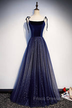 Blue Tulle Long A-Line Formal Prom Dress, Blue Spaghetti Strap Evening Party Dress