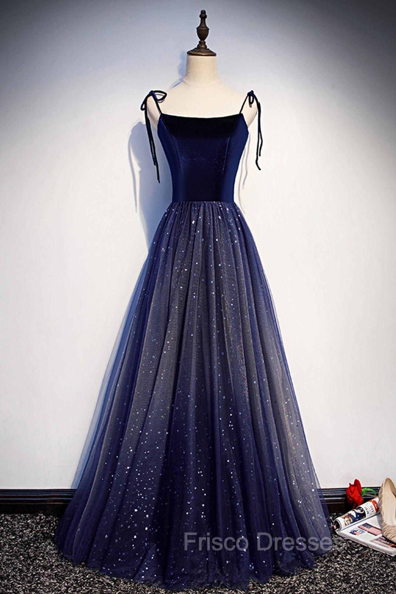 Blue Tulle Long A-Line Formal Prom Dress, Blue Spaghetti Strap Evening Party Dress