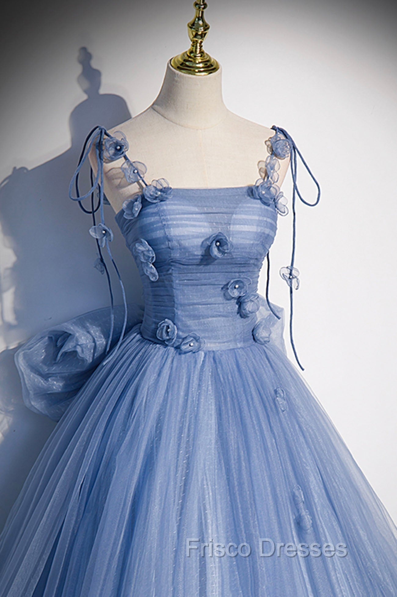 Blue Tulle Long A-Line Formal Prom Dress, Blue Spaghetti Straps Party Dress with Bow
