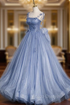 Blue Tulle Long A-Line Formal Prom Dress, Blue Spaghetti Straps Party Dress with Bow