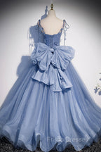 Blue Tulle Long A-Line Formal Prom Dress, Blue Spaghetti Straps Party Dress with Bow