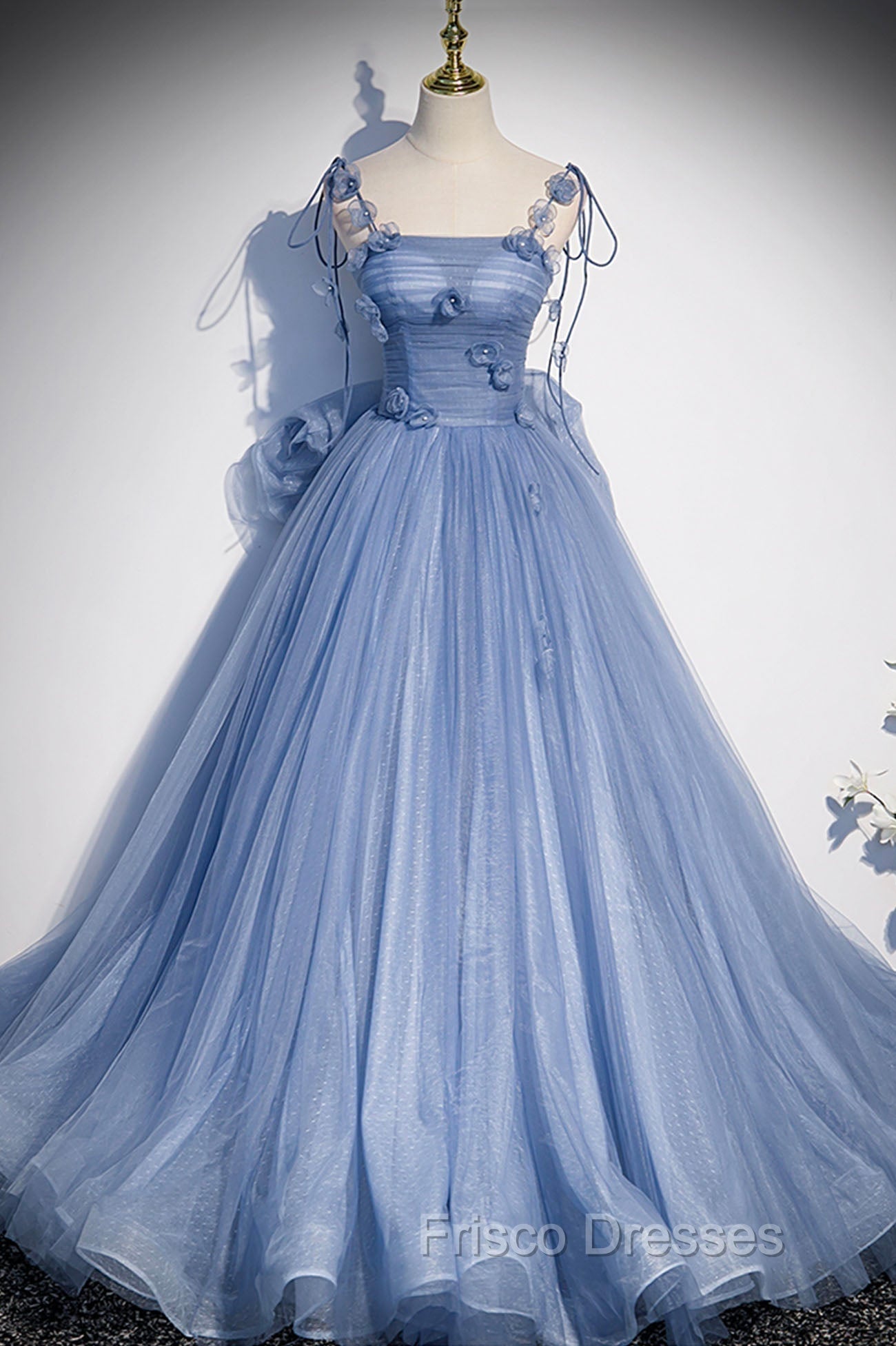 Blue Tulle Long A-Line Formal Prom Dress, Blue Spaghetti Straps Party Dress with Bow