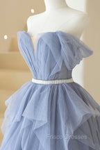 Blue Tulle Long A-Line Formal Prom Dress, Cute Strapless Graduation Dress