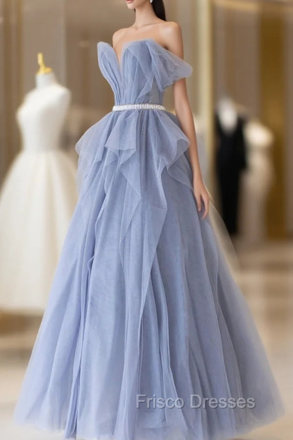 Blue Tulle Long A-Line Formal Prom Dress, Cute Strapless Graduation Dress