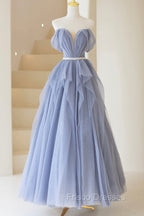 Blue Tulle Long A-Line Formal Prom Dress, Cute Strapless Graduation Dress
