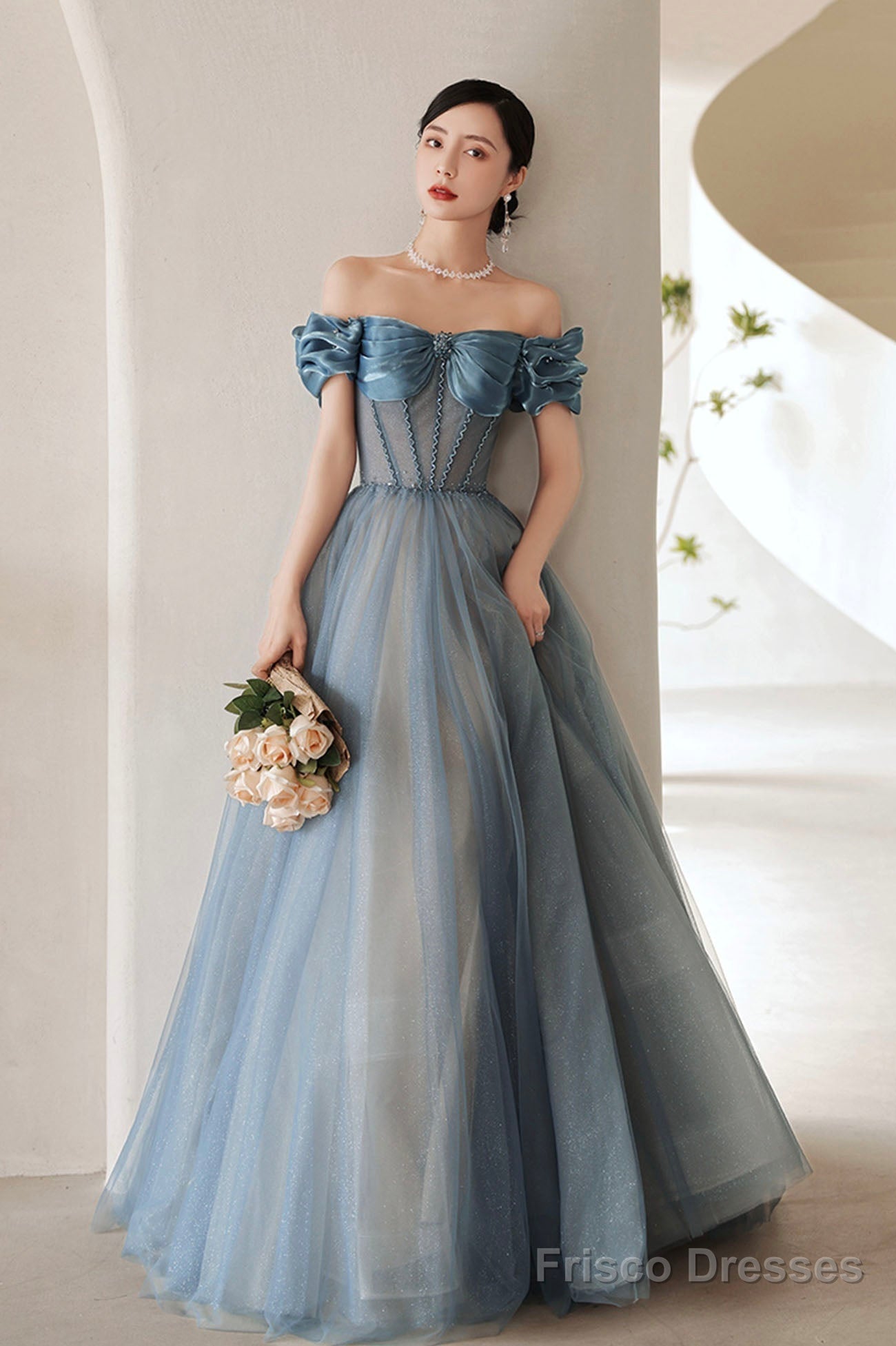 Blue Tulle Long A-Line Prom Dress, Elegant Off The Shoulder Formal Evening Dress Main image