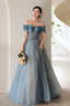 Blue Tulle Long A-Line Prom Dress, Elegant Off The Shoulder Formal Evening Dress