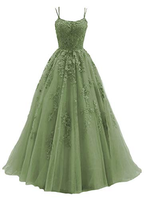 Blue Tulle Long A Line Prom Dress Lace Evening Dress