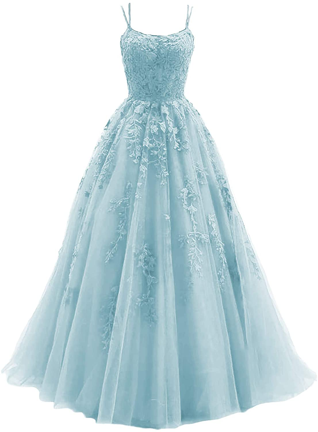 Blue Tulle Long A Line Prom Dress Lace Evening Dress Main image
