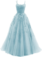 Blue Tulle Long A Line Prom Dress Lace Evening Dress