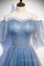 Blue Tulle Long A-Line Formal Prom Dress, Off the Shoulder Evening Party Dress