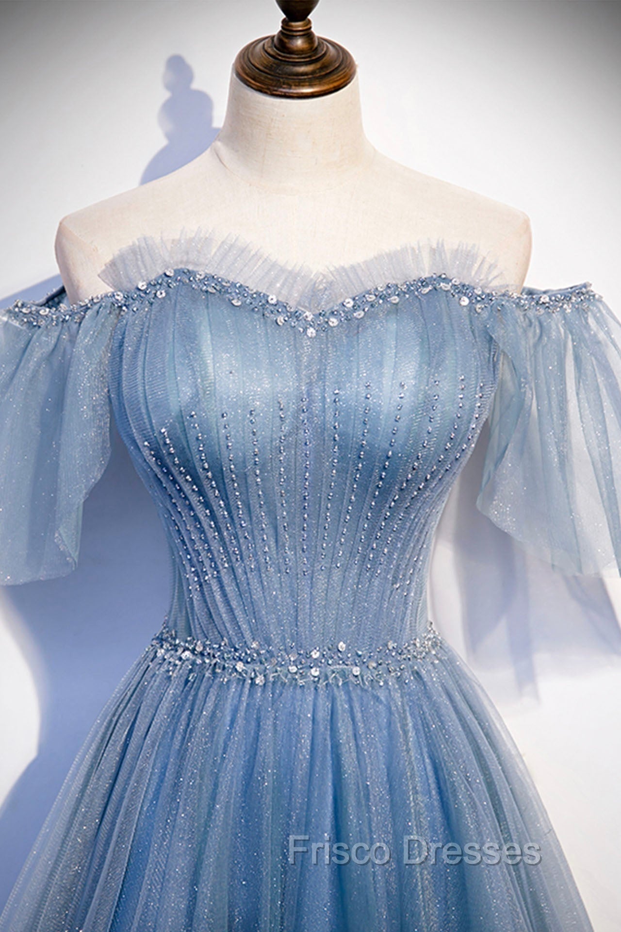 Blue Tulle Long A-Line Formal Prom Dress, Off the Shoulder Evening Party Dress