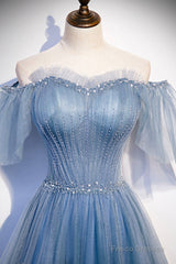 Blue Tulle Long A-Line Prom Dress, Off the Shoulder Evening Party Dress