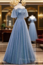 Blue Tulle Long A-Line Formal Prom Dress, Off the Shoulder Evening Party Dress