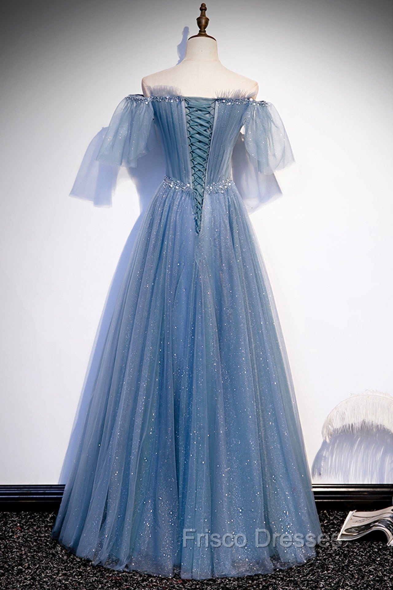 Blue Tulle Long A-Line Formal Prom Dress, Off the Shoulder Evening Party Dress