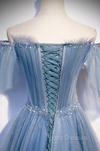 Blue Tulle Long A-Line Formal Prom Dress, Off the Shoulder Evening Party Dress