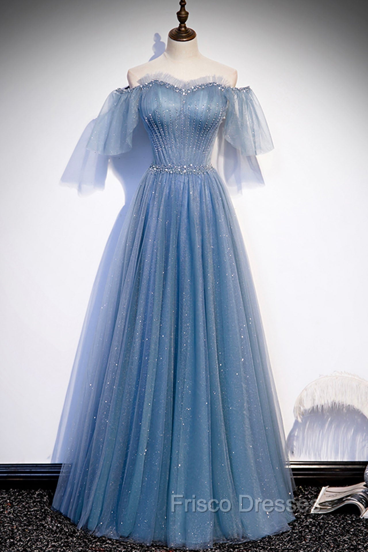 Blue Tulle Long A-Line Formal Prom Dress, Off the Shoulder Evening Party Dress Main image