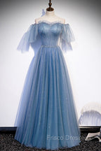 Blue Tulle Long A-Line Formal Prom Dress, Off the Shoulder Evening Party Dress