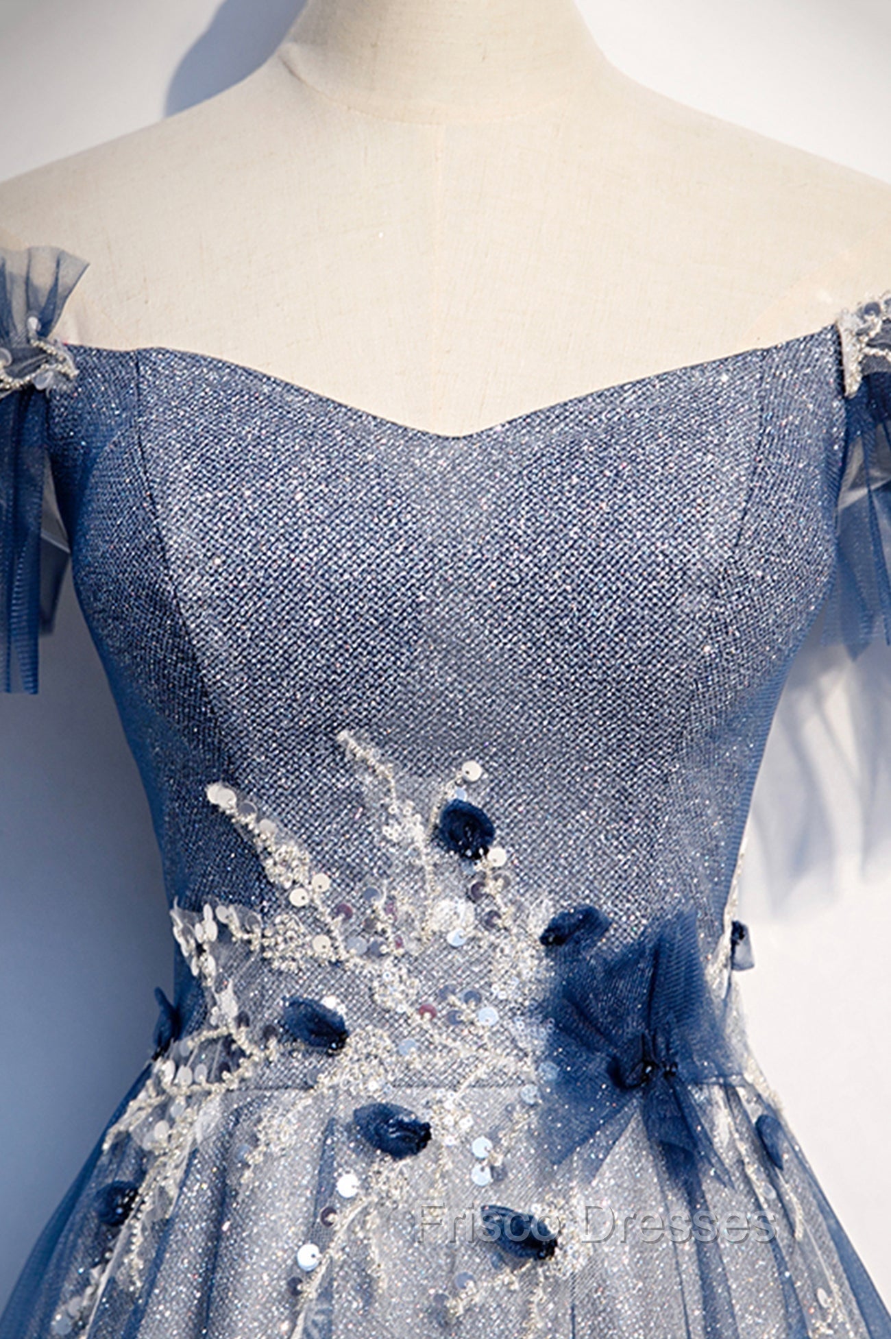 Blue Tulle Long A-Line Formal Prom Dress, Off the Shoulder Evening Party Dress