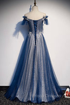 Blue Tulle Long A-Line Formal Prom Dress, Off the Shoulder Evening Party Dress