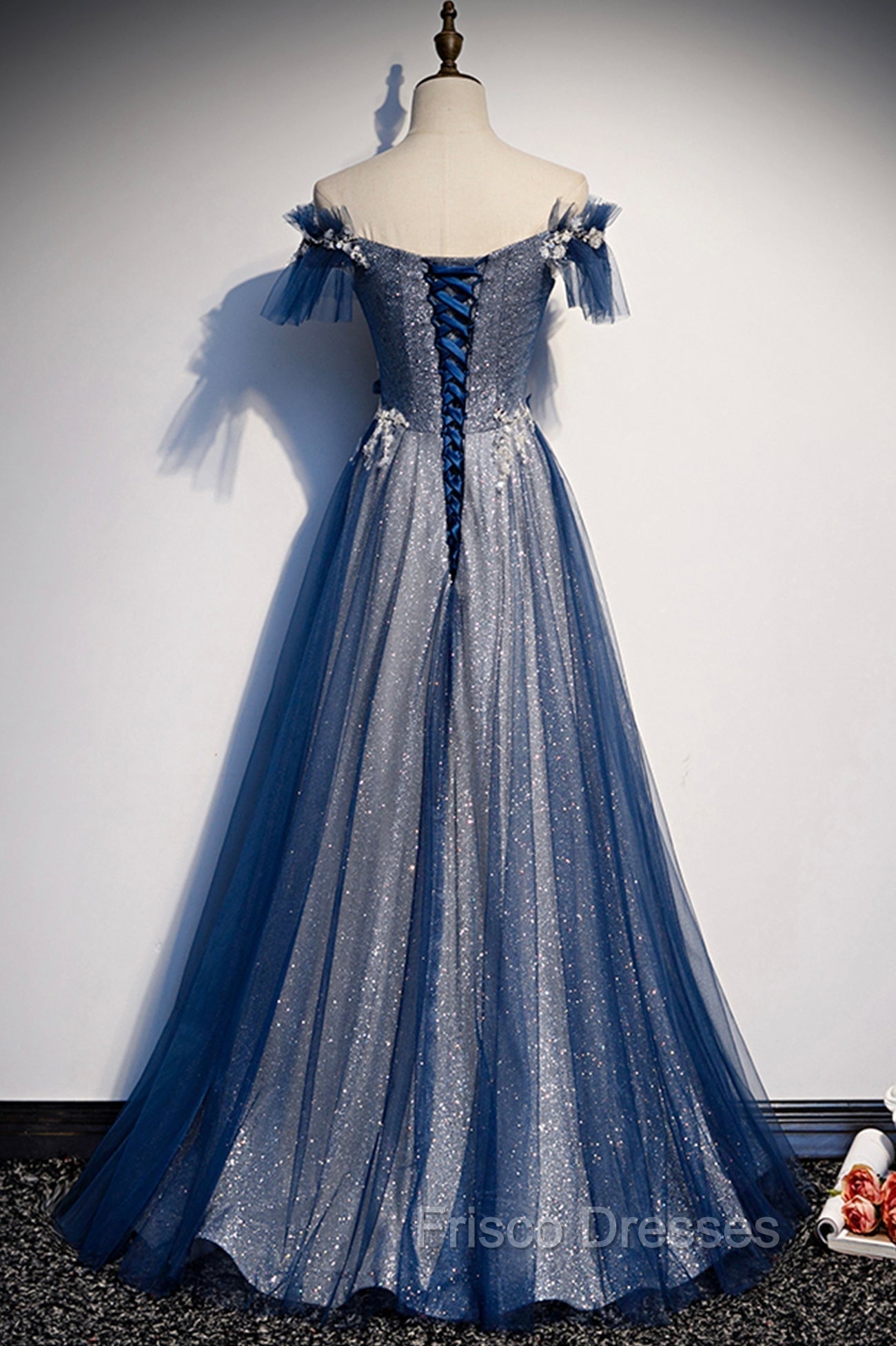 Blue Tulle Long A-Line Formal Prom Dress, Off the Shoulder Evening Party Dress
