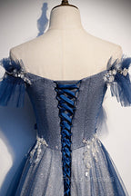 Blue Tulle Long A-Line Formal Prom Dress, Off the Shoulder Evening Party Dress