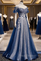 Blue Tulle Long A-Line Formal Prom Dress, Off the Shoulder Evening Party Dress
