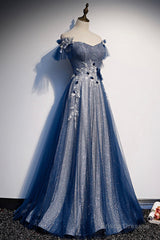 Blue Tulle Long A-Line Prom Dress, Off the Shoulder Evening Party Dress